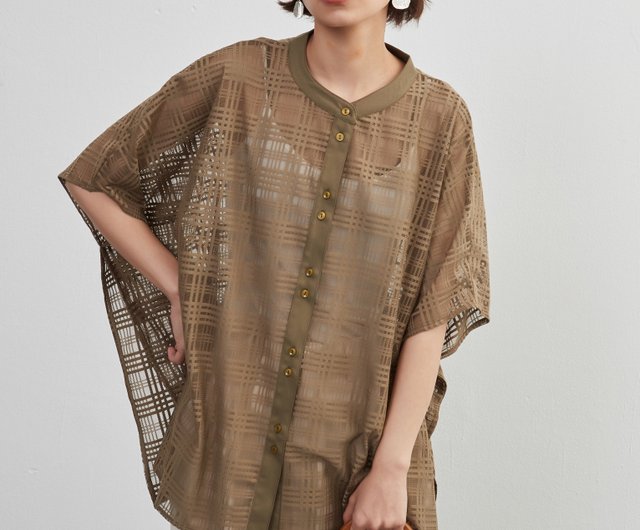 ブラウス シャツ On One's Own チェックレース・シアーブラウス・半袖オーバーシャツ・異素材ドッキングトップス レディース オンワンズオン On One's Own チェックレース・シアーブラウス