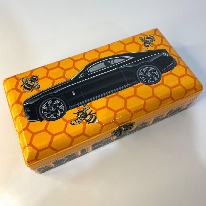 wooden box I Love Honey, Rolls-Royce Spectre car, handmade art, home decor, - ของวางตกแต่ง - ไม้ สีส้ม