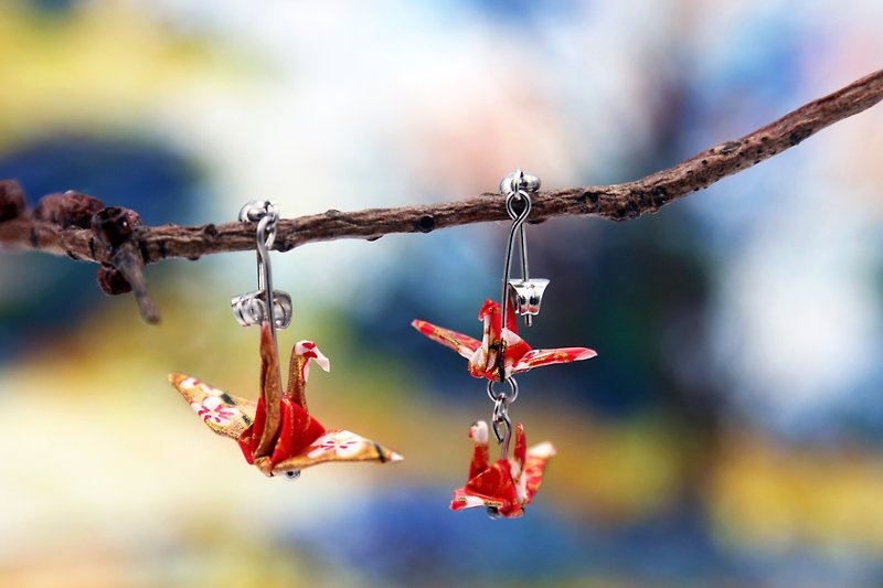Asymmetric Paper Crane Earrings with Falling Plum Blossoms in the Sunset - Earrings & Clip-ons - Paper Red