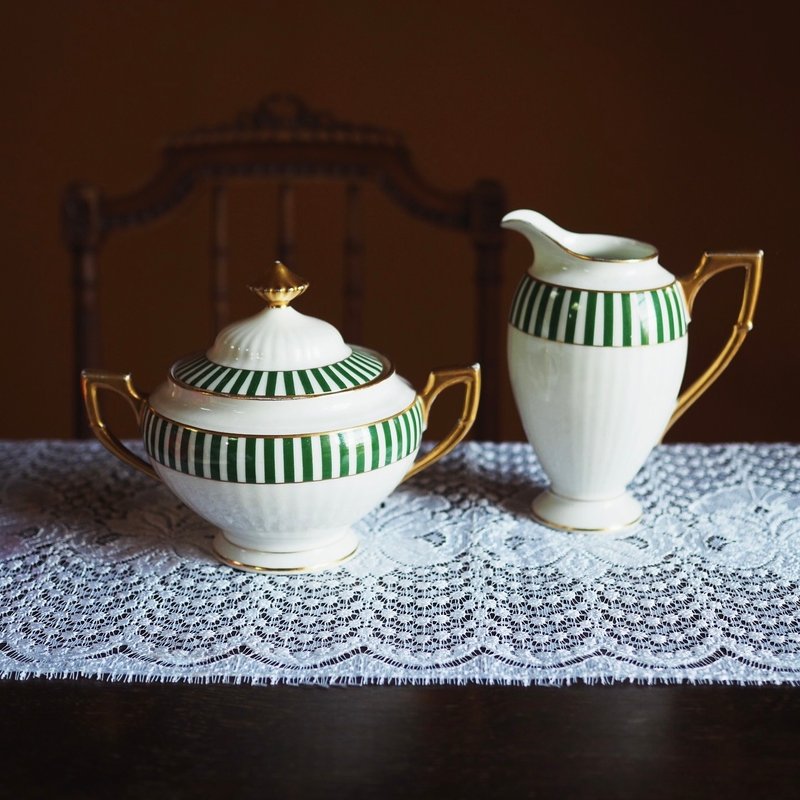 1930s French Chabrol & Poirier Limoges Sugar Bowl and Creamer Set - Food Storage - Pottery Green