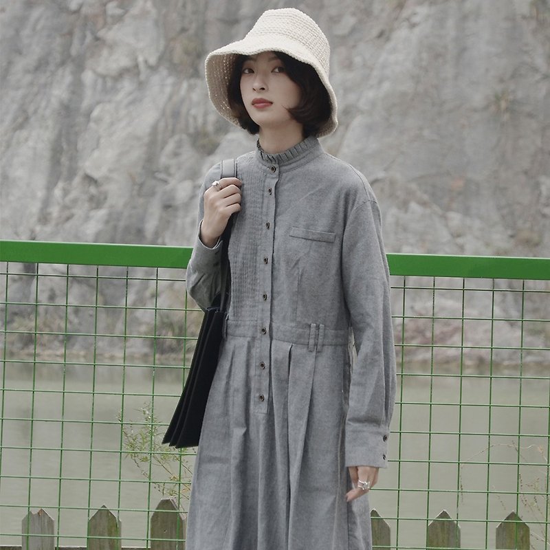 Dark gray high waist twill stitching dress|dress|dress|autumn|cotton|Sora-383 - ชุดเดรส - ผ้าฝ้าย/ผ้าลินิน สีเทา