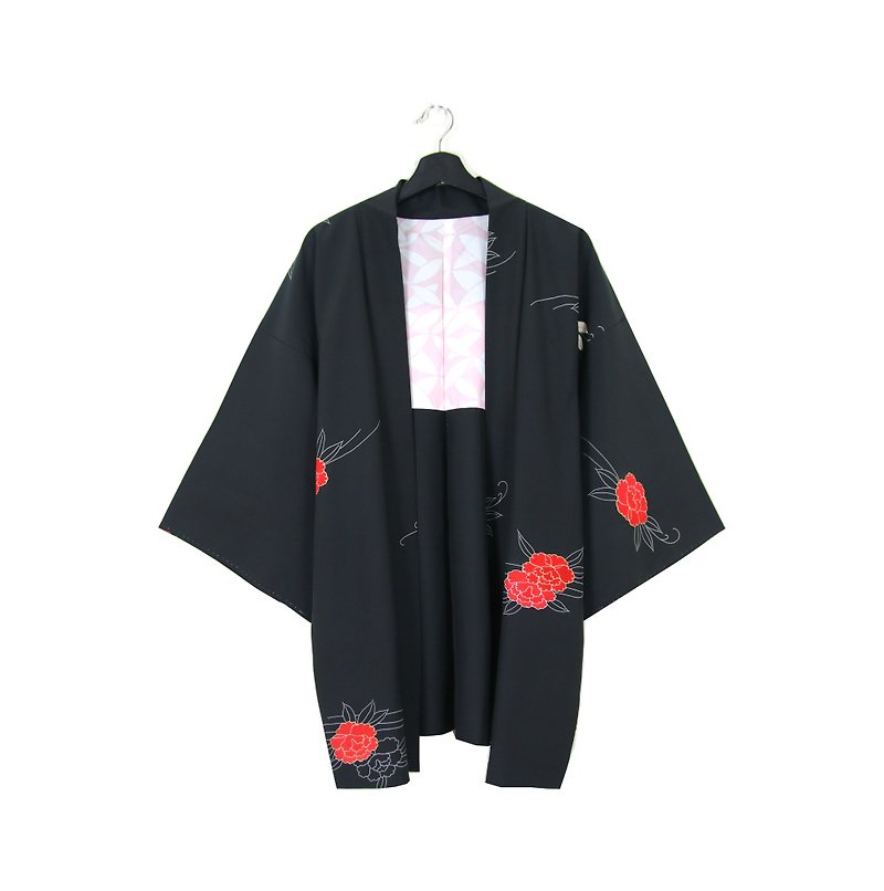 Back to Green :: Japanese kimono feather woven back hand-painted red peony vintage kimono (KI-22) - Women's Casual & Functional Jackets - Silk Black