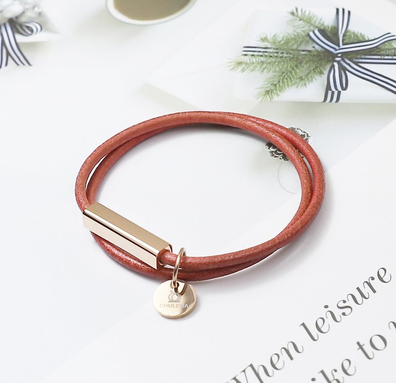 [Customized] Double-circle genuine leather round leather rope bracelet_Rose Rose Gold(3 colors) / Can be engraved - Bracelets - Genuine Leather Red