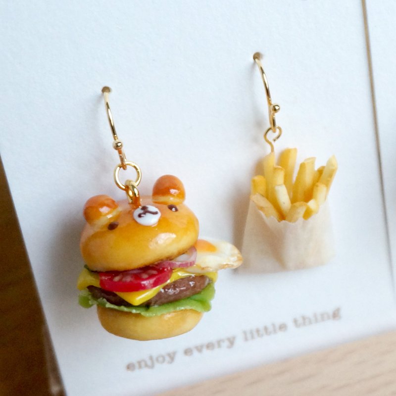 Cute Bear Burger. Handmade Necklace. Handmade Earrings - สร้อยคอ - เรซิน สีนำ้ตาล