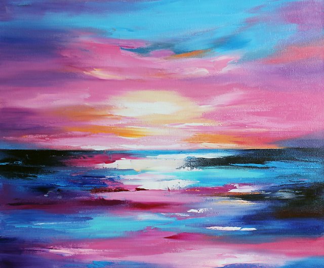 日の出の海の風景画（油絵）885×1280 - 美術品