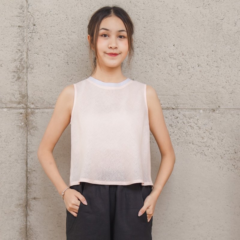 Natural Linen Sleeveless Top Minimal Top Simple Top - Pink Body White Neckline - Women's Tops - Linen Pink