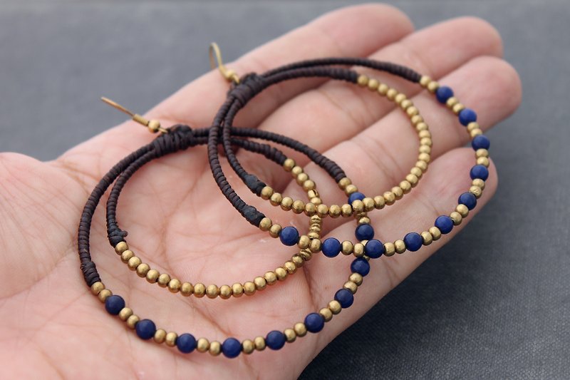 Hoop Beaded Woven Dangle Earrings Lapis Stone Brass Ears Clips  - Earrings & Clip-ons - Semi-Precious Stones Blue