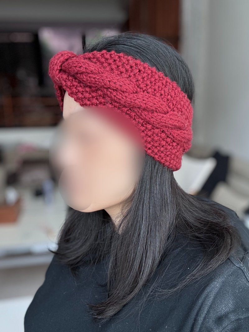/輕髮帶/深紅色麻花蝴蝶結髮帶細軟美麗諾純羊毛運動頭帶手工編織 - 頭箍/髮帶/髮圈 - 羊毛 紅色