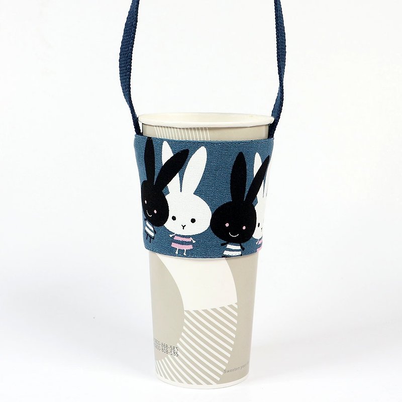Beverage Cup Holder Eco-friendly Cup Holder Bag-Carrot Rabbit (Blue) - ถุงใส่กระติกนำ้ - ผ้าฝ้าย/ผ้าลินิน สีน้ำเงิน