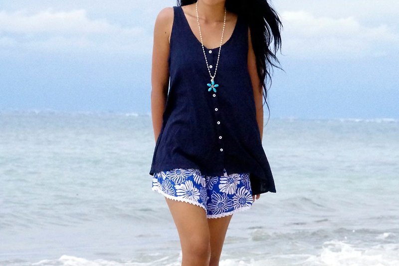 Summer Girl! San Flower print shorts <Blue> - Women's Shorts - Other Materials Blue