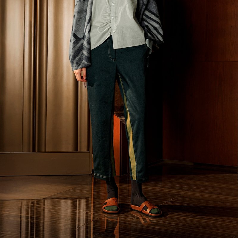 智性拼接開衩修飾長褲 - 女長褲 - 其他材質 藍色