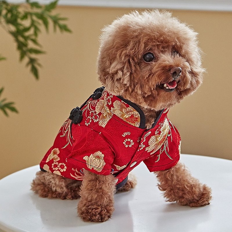 Pet clothes cheongsam classic Chinese style (red) - ชุดสัตว์เลี้ยง - ผ้าฝ้าย/ผ้าลินิน สีแดง
