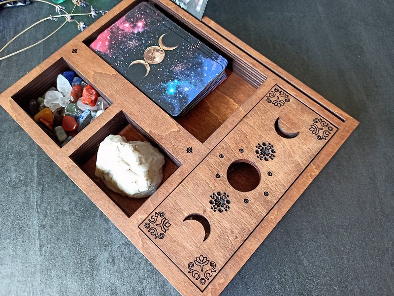 Tarot storage and crystal display box with tarot card holder and Moon phase lid - Items for Display - Wood Brown