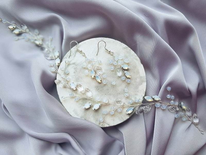 新娘首飾套裝白色蛋白石水晶發藤耳環, 新娘發片 - 耳環/耳夾 - 其他材質 透明