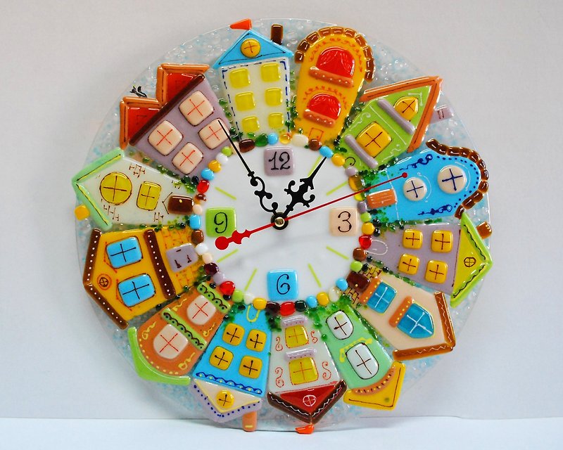 Round Wall Clock Township, Fused glass wall clock, Glass Art - Clocks - Glass Multicolor