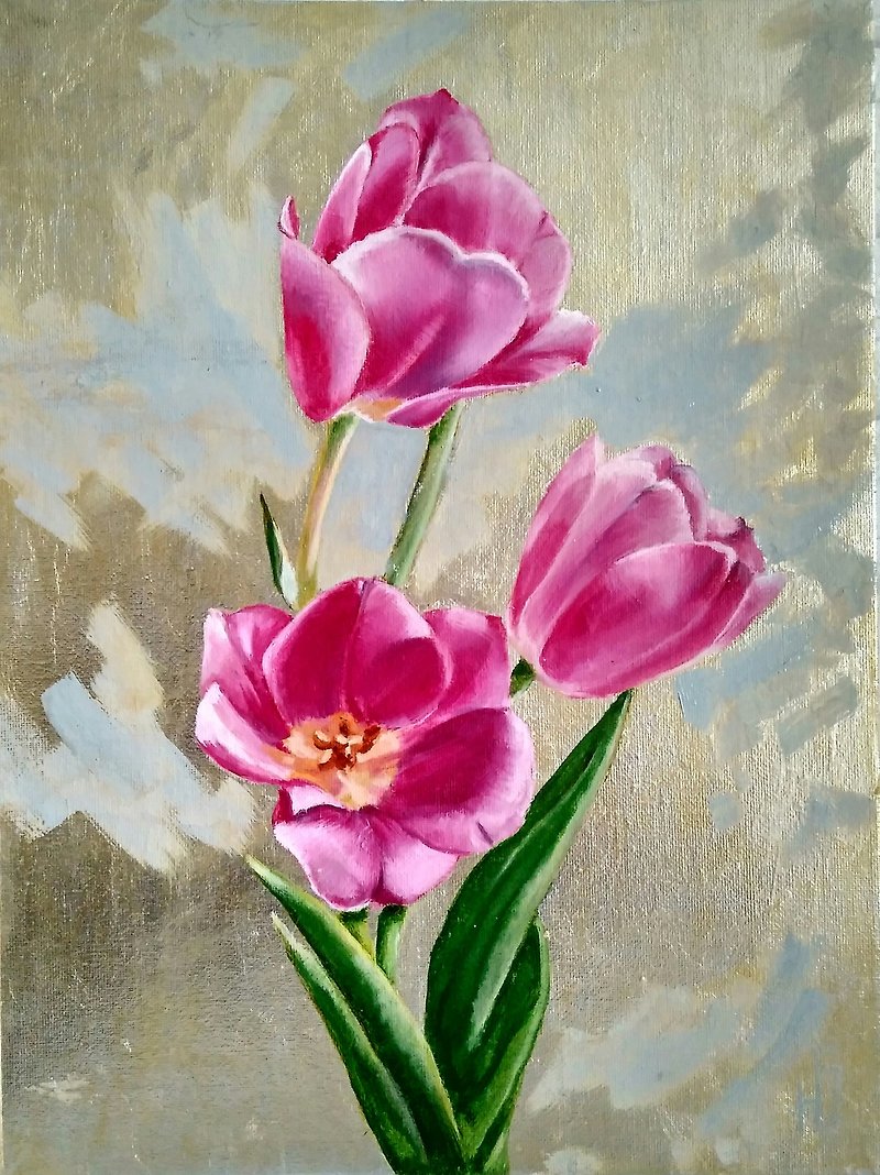 Tulip Painting, Floral Original Wall Art, Canvas Flower Artwork, 手工油畫, 油畫原作