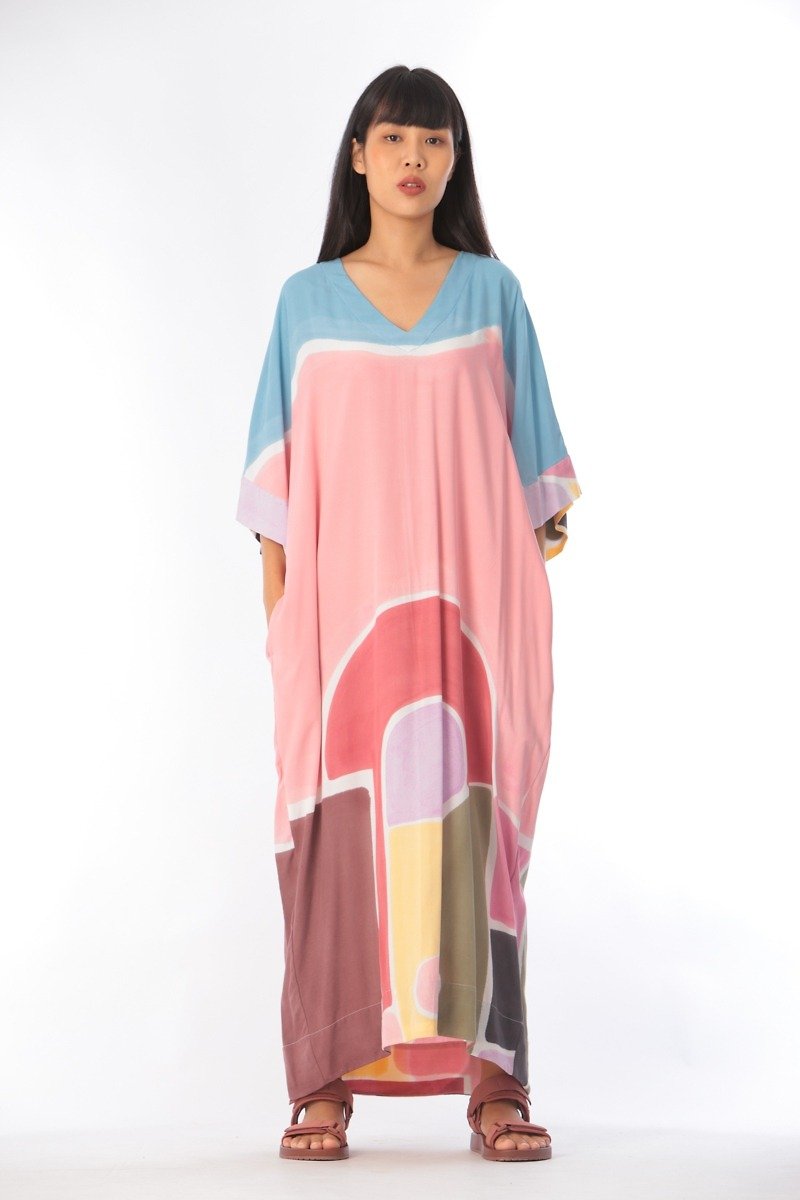 Kaftan Cotton Rayon Hand Paint Art&Decor - One Piece Dresses - Cotton & Hemp Pink
