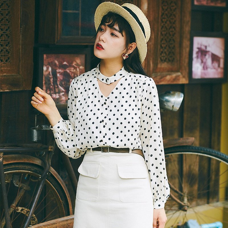 2019 women's spring wear detachable streamer polka dot shirt YGC9028 - เสื้อเชิ้ตผู้หญิง - เส้นใยสังเคราะห์ ขาว