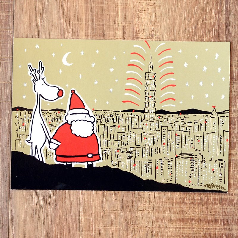 聖誕卡-新款2018聖誕老人與麋鹿日常明信片12號: 新年快樂台北101 - 卡片/明信片 - 紙 金色