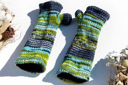 omhandmade 手織純羊毛針織手套/露趾手套/內刷毛手套/保暖手套-北歐藍色綠色