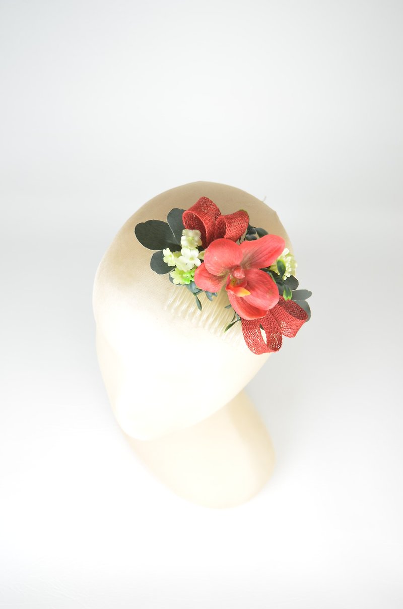 Headpiece Hair Comb Red Orchid with Lime Green Flowers, Foliage and Sinamay Bow - เครื่องประดับผม - วัสดุอื่นๆ สีแดง