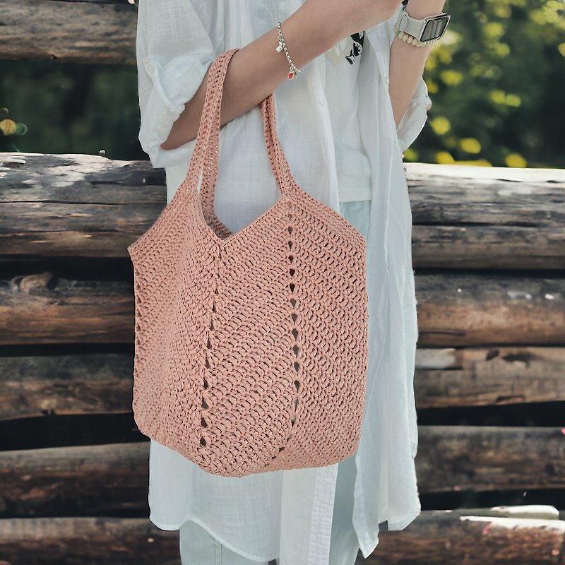 Three-dimensional woven bag peach color ultra-lightweight paper thread (heavy-resistant version 2.0) handbag/tote bag - Handbags & Totes - Paper 