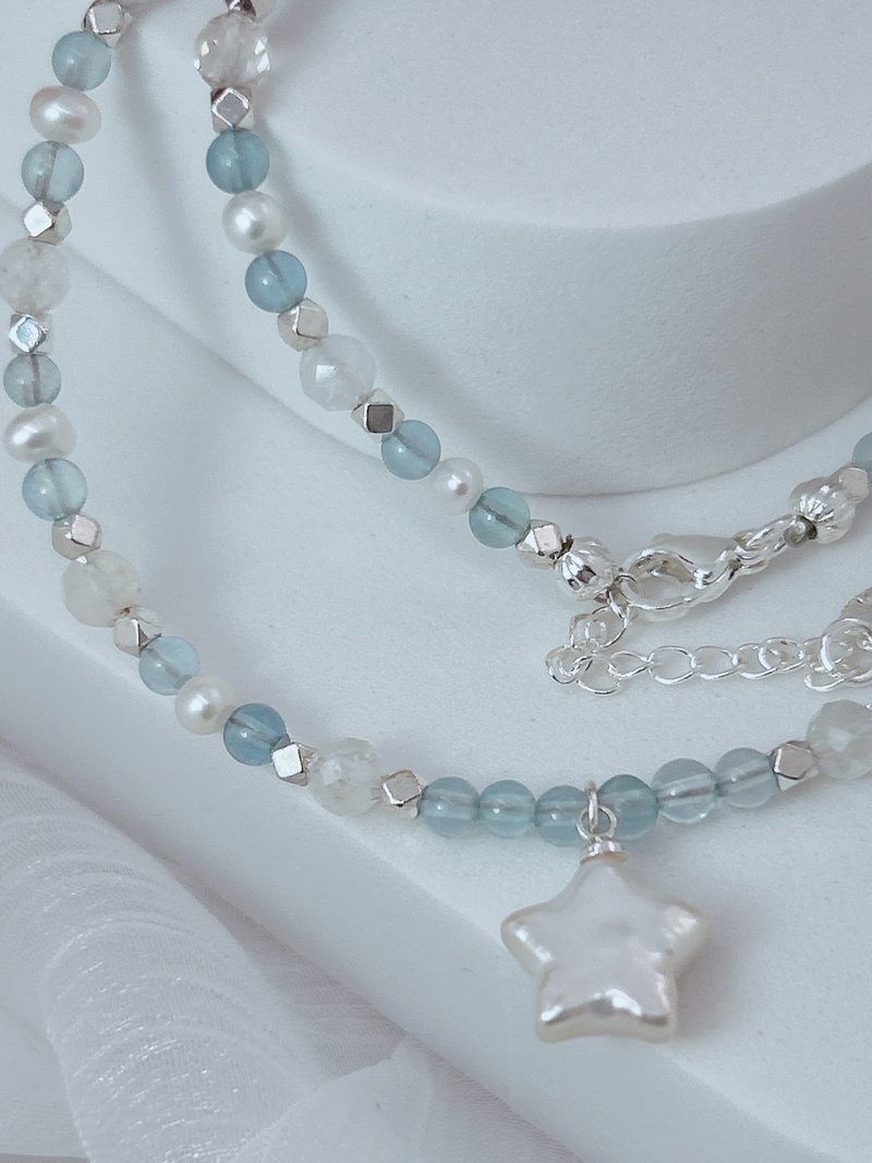 【Jia】Aquamarine × Star-Shaped Freshwater Pearl Energy Necklace - สร้อยคอ - คริสตัล 