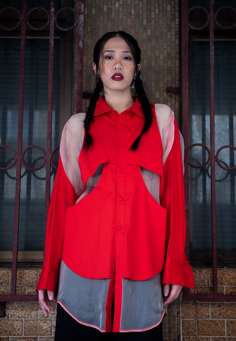 Piece deconstructed perspective shirt (182T03R) - เสื้อเชิ้ตผู้ชาย - ผ้าฝ้าย/ผ้าลินิน สีแดง