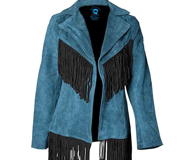 Women's blue genuine suede leather vintage good jacket