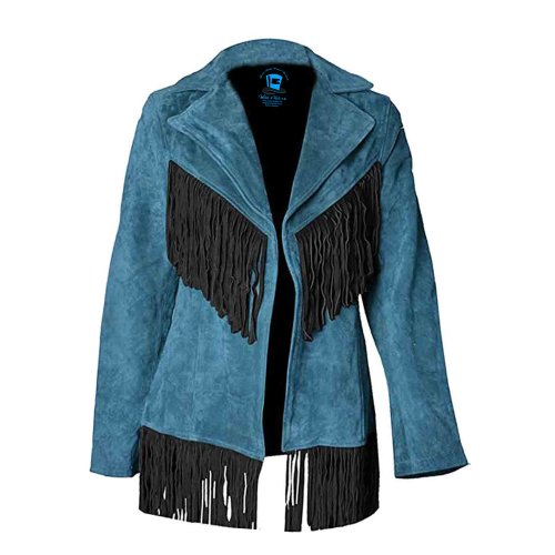 Wallets And Hats 4 U Women Vintage Blue Suede Leather Fringe Jacket
