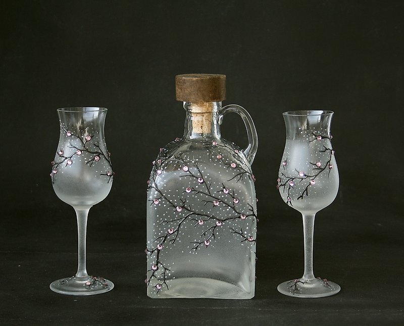 Aperitif Glasses and a Bottle, Hand Painted, Hand painted Bottle, Grappa - Bottle & Can Openers - Glass Silver