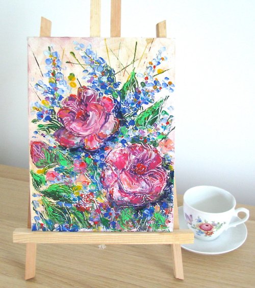 DCS-Art Garden flowers original impasto oil painting on canvas panel home wall decor