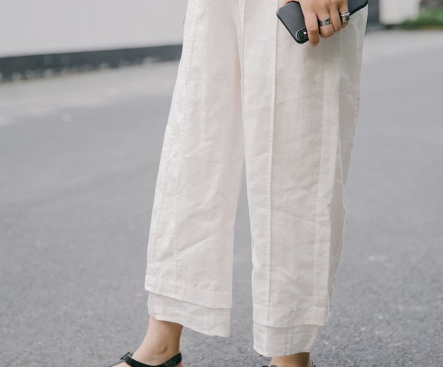 Vintage stitching linen wide-leg pants - white, pants, summer, cotton +  ramie