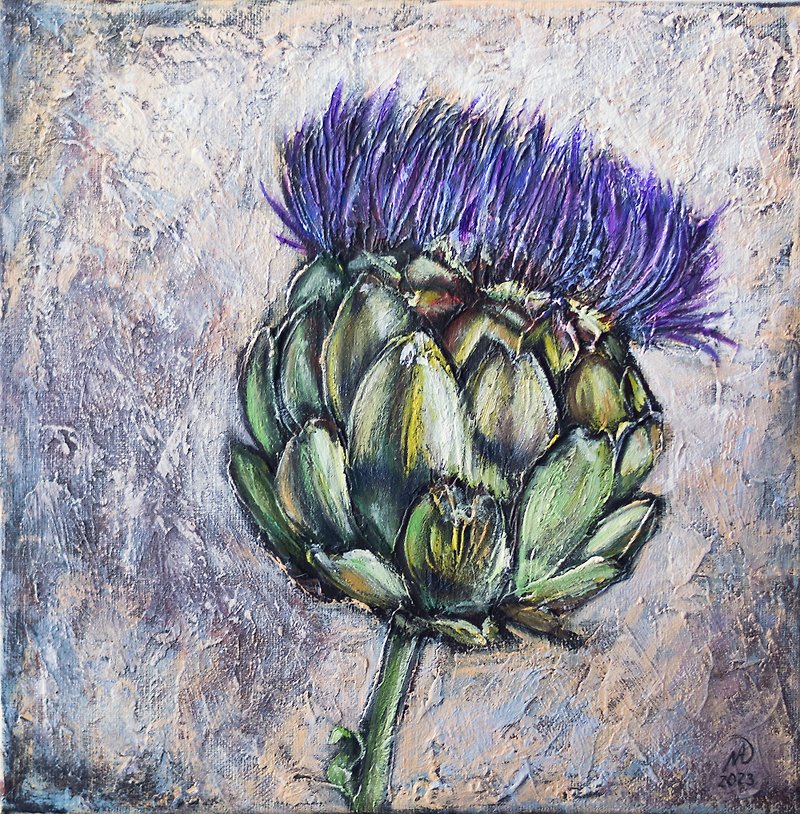 Original Artichoke Flower Textural Painting Hand-painted Acrylic Floral Artwork - Wall Décor - Other Materials 