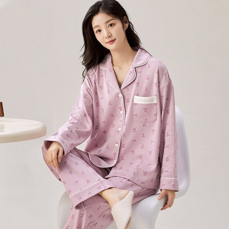 Pink Lady button-up Qingmeng leaf shadow print wide version autumn and winter long-sleeved pajamas home wear - Loungewear & Sleepwear - Other Man-Made Fibers Purple