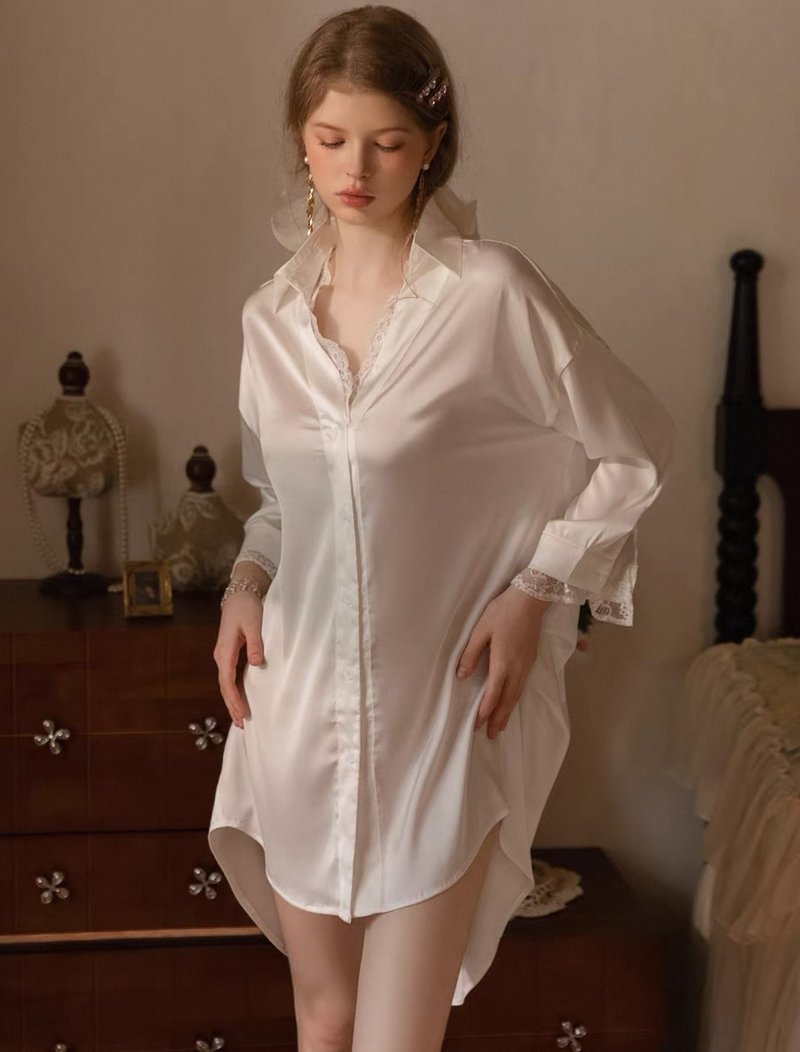 寬鬆蕾絲緞面睡襯衫 - 睡衣/家居服 - 其他材質 
