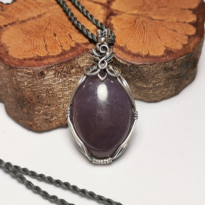 Lilac purple jade/lepidolite-sterling silver braided design pendant/with waterproof Wax thread necklace
