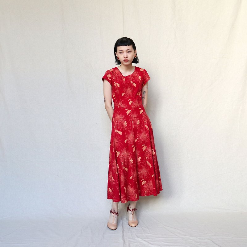 南瓜Vintage。古著 義大利製 紅色 印花 洋裝 - 連身裙 - 棉．麻 紅色