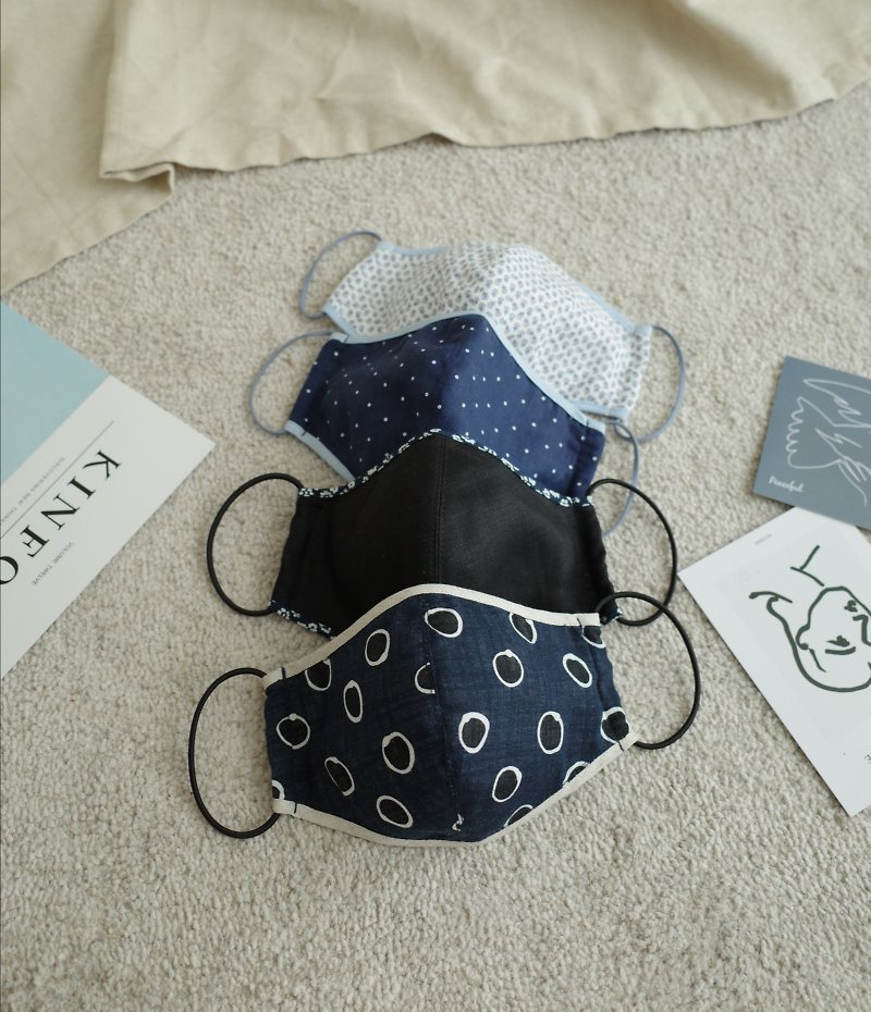 4 Style set! Blue shade 3 layers 3D Cotton linen cloth mask with filter pocket - Face Masks - Cotton & Hemp Blue