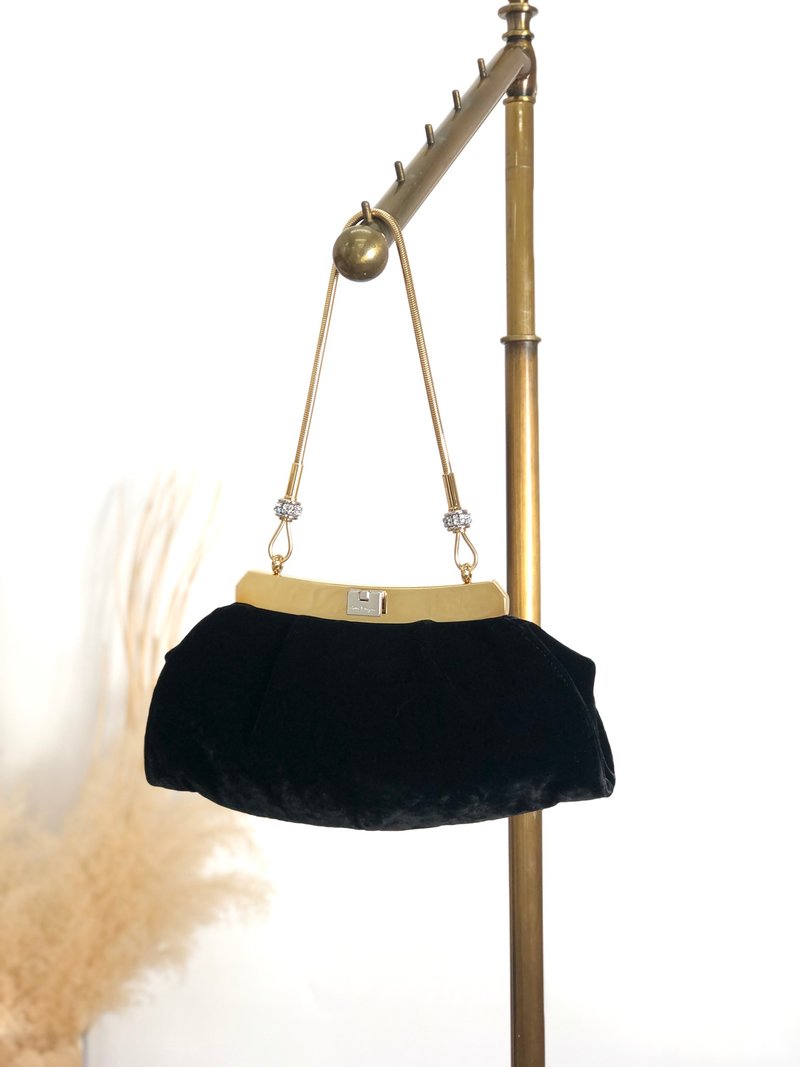 【 日本直送　名牌中古包 】Salvatore Ferragamo ハンドバッグ ブラック ストーン ベロア ミニバッグ イブニングバッグ bv3g8n - 手提包/手提袋 - 棉．麻 黑色