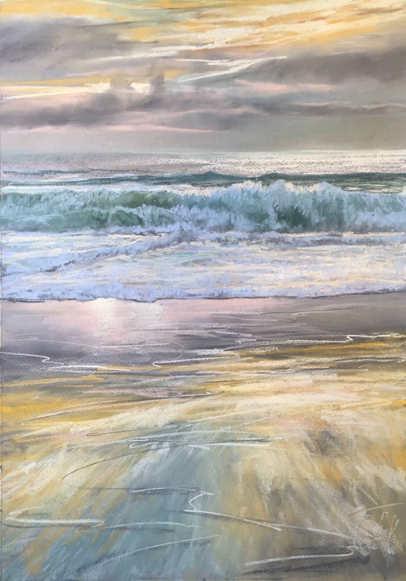 Original Painting Seascape Pastel Sunset Sunrise Art Landscape Ocean Seashore - Wall Décor - Paper Gold