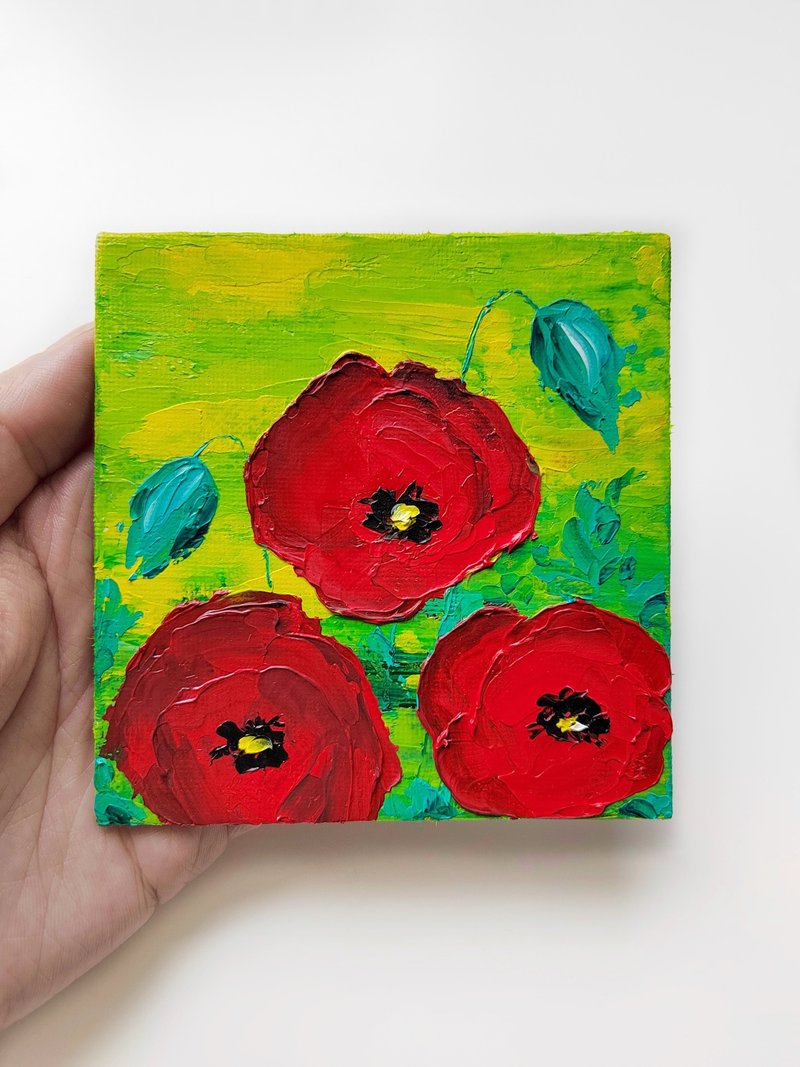 Small oil painting Poppy Flowers, Original Artwork, Home Wall Art, Impasto - 壁貼/牆壁裝飾 - 其他材質 多色