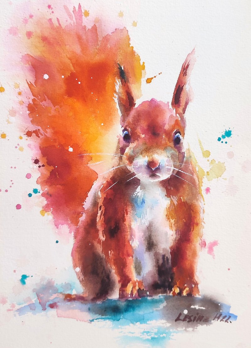 Squirrel Watercolor Painting Colorful Animal Art Squirrel Illustration Original - ตกแต่งผนัง - วัสดุอื่นๆ สีส้ม