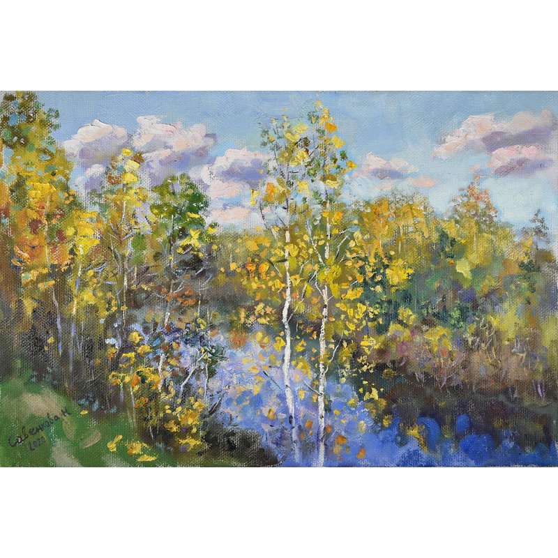 Autumn Landscape Birches Original Artwork Canvas Impressionism Art Nature - โปสเตอร์ - วัสดุอื่นๆ 