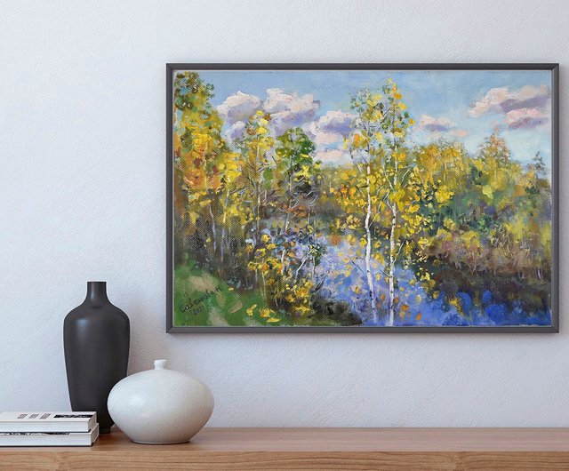 秋の風景 白樺 オリジナルアートワーク キャンバス 印象派