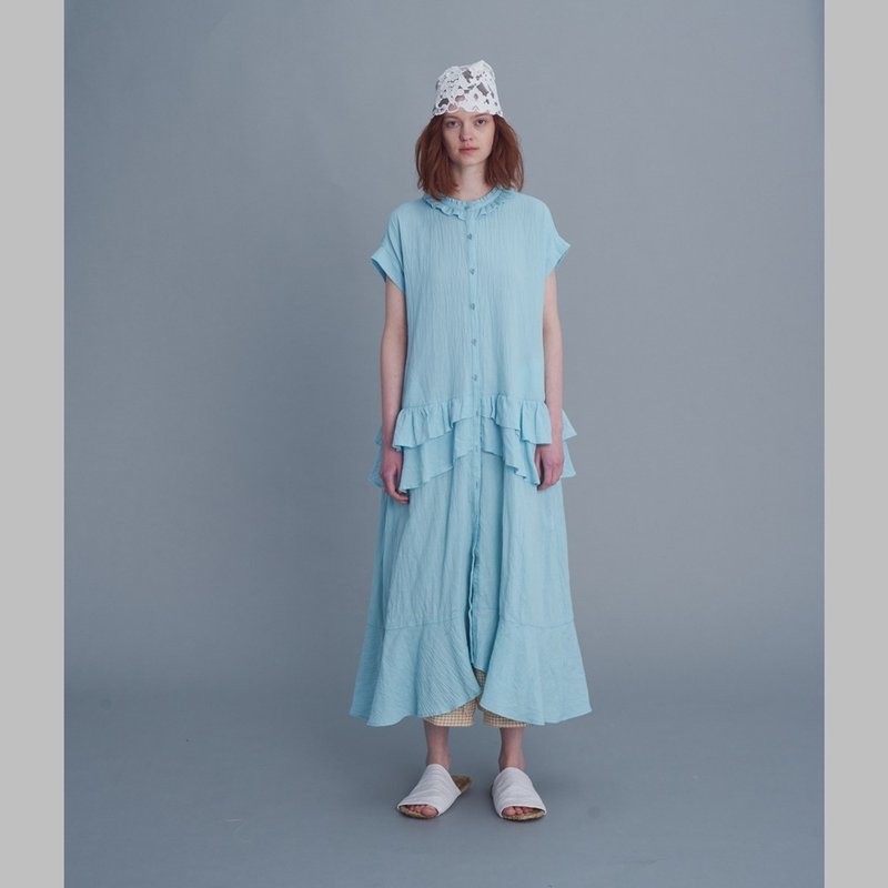 2301C11 small lotus leaf long version shirt dress (blue) - One Piece Dresses - Cotton & Hemp 