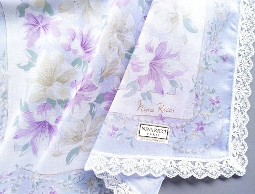 orangesodapanda Nina Ricci Vintage Handkerchief Floral White Lace 17.5 x 17.5 inches