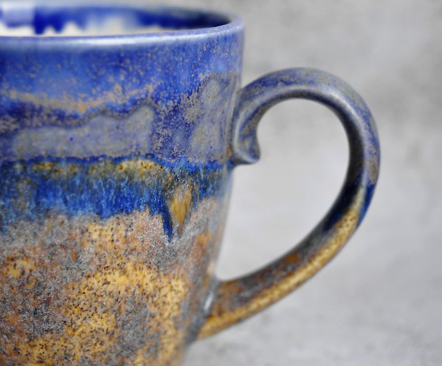 Dripped Blue Stoneware Mug With Handle, Stoneware Coffee Mug, Pottery –  Hands and fire