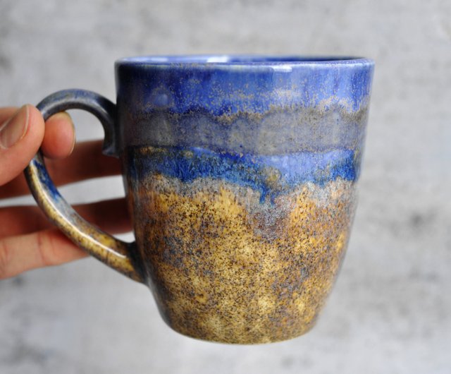 Dripped Blue Stoneware Mug With Handle, Stoneware Coffee Mug, Pottery –  Hands and fire