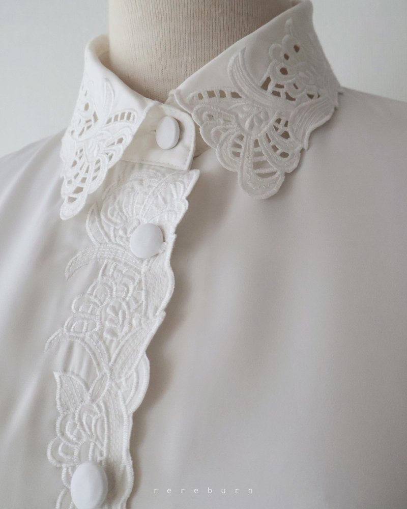 復古刺繡領寬鬆歐美版型長袖白色古著襯衫 - 女襯衫 - 聚酯纖維 白色